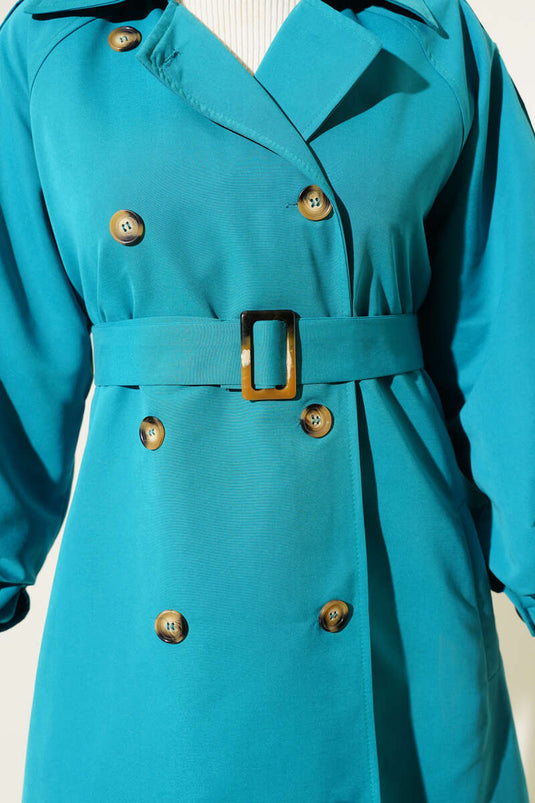 Balloon Sleeve Belted Long Trench Coat Petrol Green