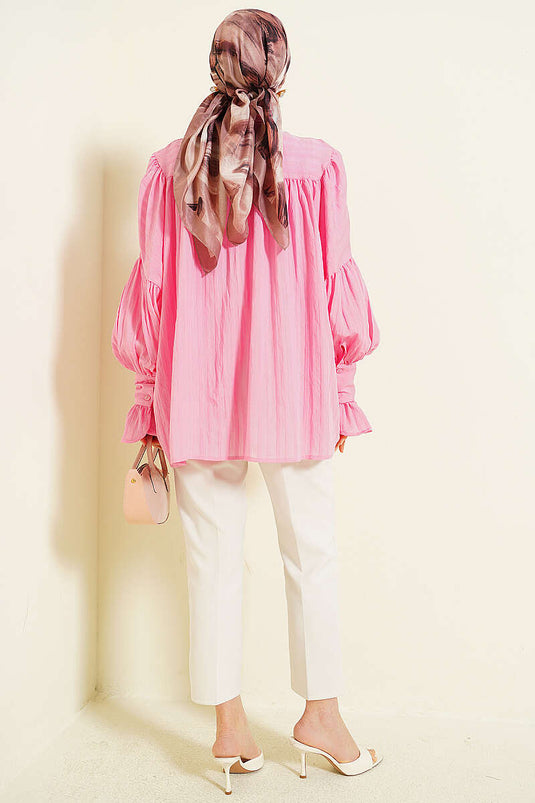 Balloon Sleeve Cuffed Shirt Pink