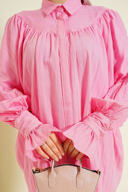 Balloon Sleeve Cuffed Shirt Pink