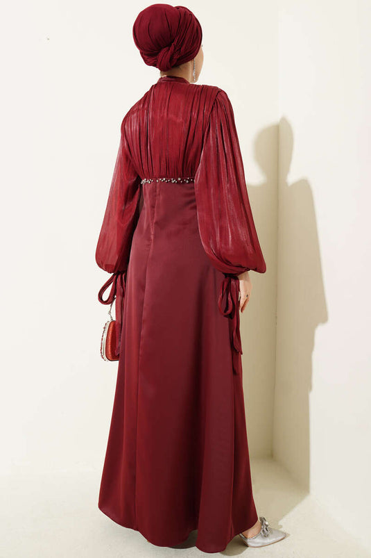 Mini Balloon Sleeve Evening Dress with Stones, Burgundy