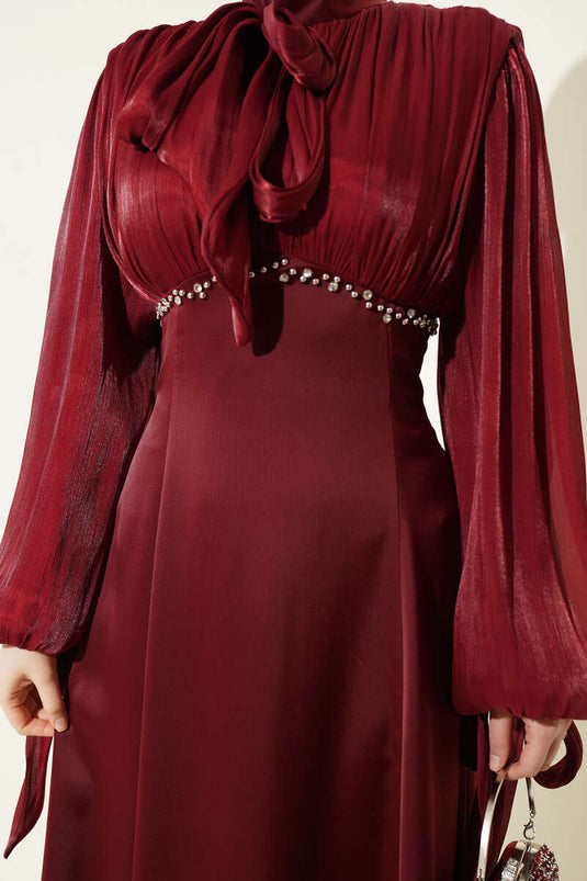 Mini Balloon Sleeve Evening Dress with Stones, Burgundy