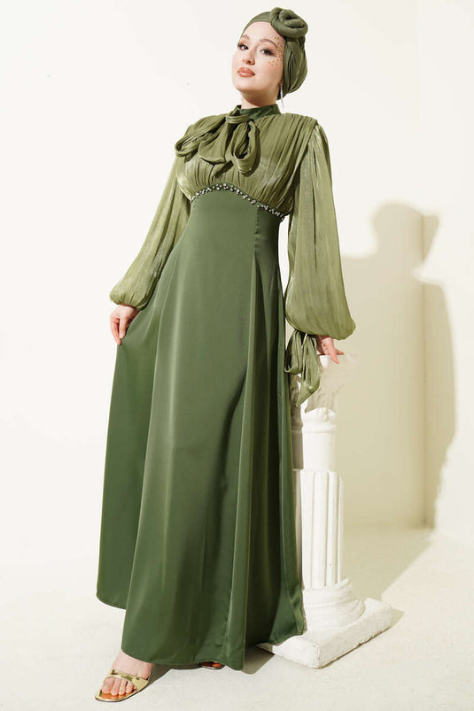 Robe de soirée courte Balon Kol avec pierres kaki
