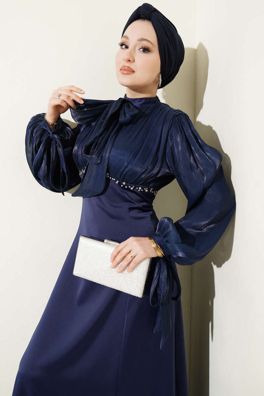 Mini Puff Sleeve Evening Dress with Stones Navy Blue