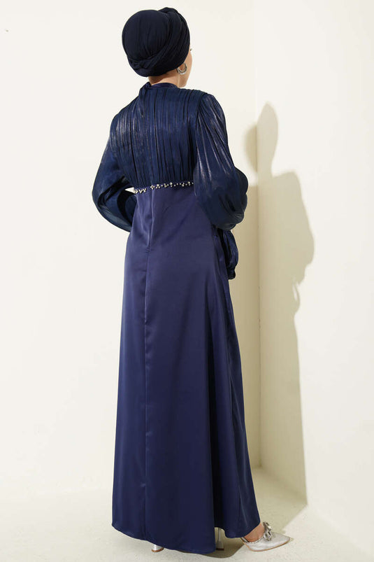 Mini Puff Sleeve Evening Dress with Stones Navy Blue