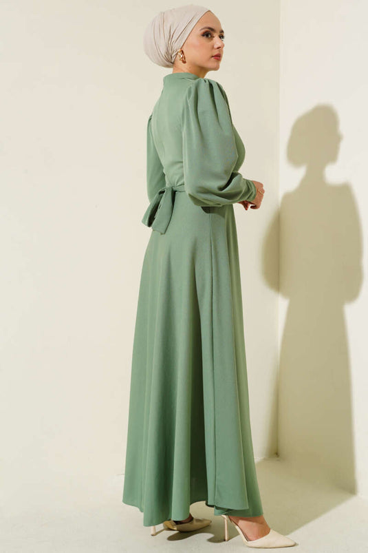 Robe Plissée à Manches Ballon et Épaules Vert