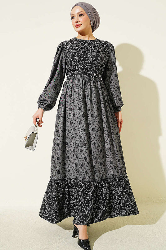 Otantik Musterballonarm Kleid In Rauchgrau