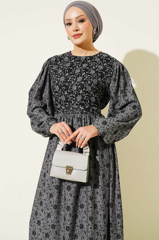 Otantik Musterballonarm Kleid In Rauchgrau