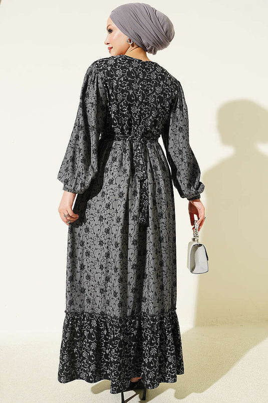 Otantik Musterballonarm Kleid In Rauchgrau