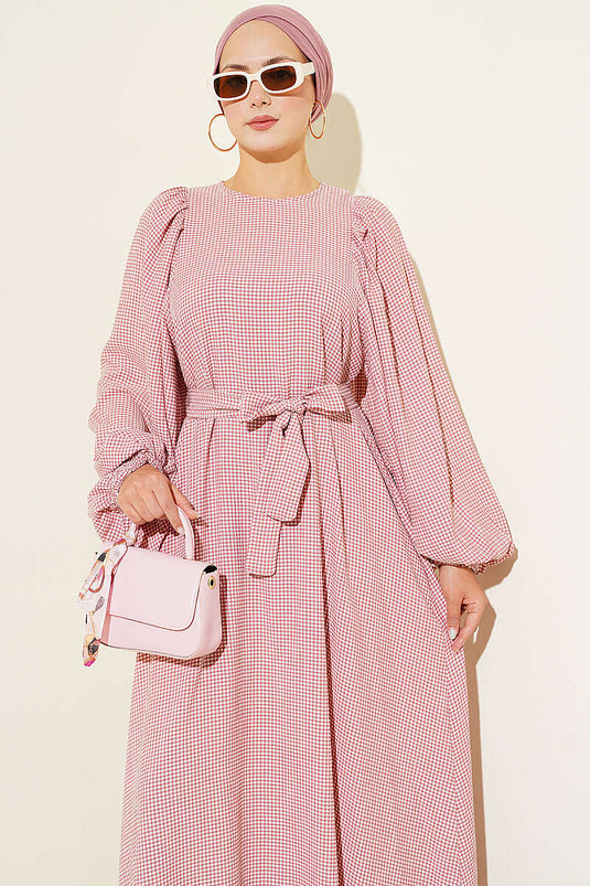Karierte Ballonarm Kleid In Rose Beige