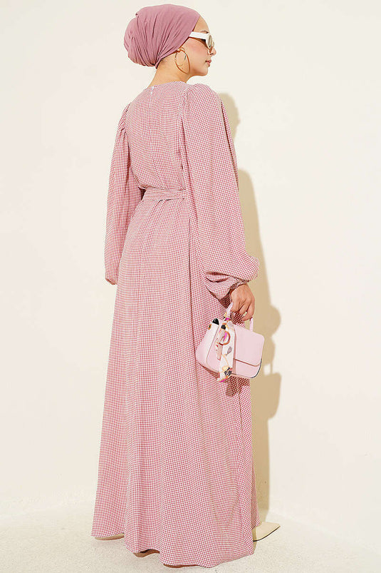 Karierte Ballonarm Kleid In Rose Beige