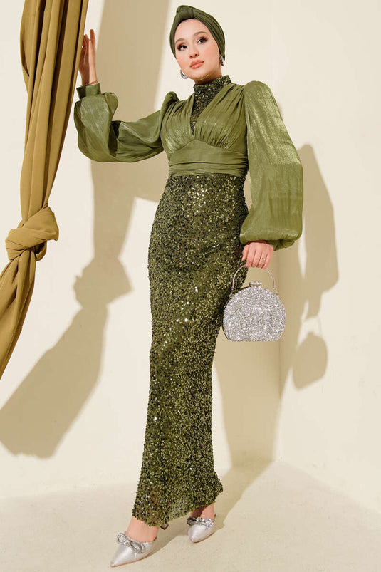 Balloon Sleeve Sequin Evening Dress Khaki