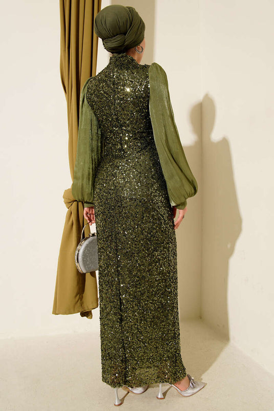 Balloon Sleeve Sequin Evening Dress Khaki