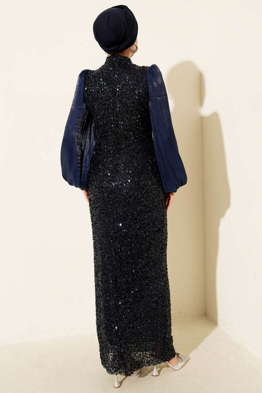 Balloon Sleeve Sequin Evening Dress Navy Blue