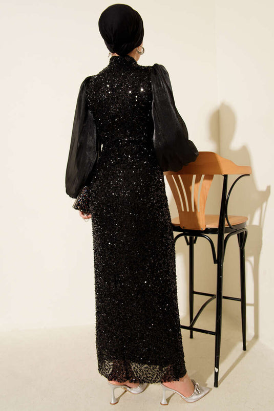 Balloon Sleeve Sequin Evening Dress Black