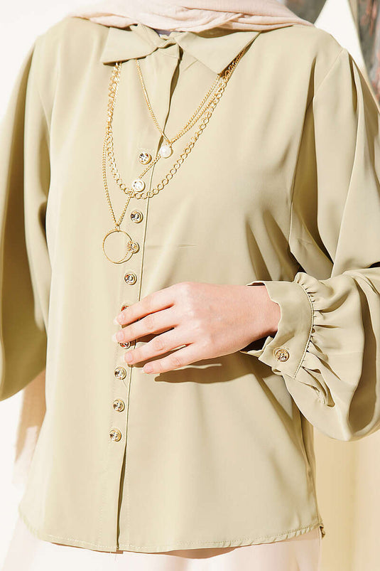 Balon Mouw Losse Korte Blouse Olijfgroen