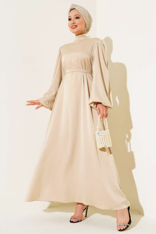 Balloon Sleeve Satin Evening Dress Beige