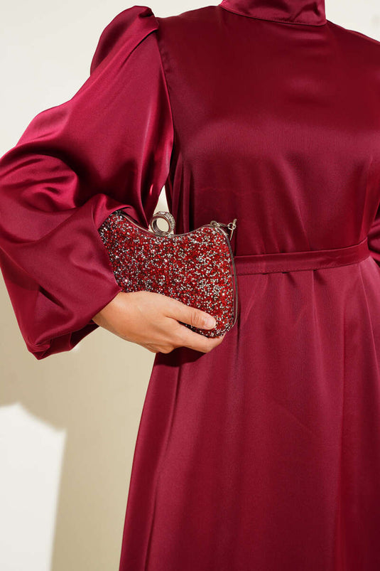 Balon Kol Saten Abiye Bordo