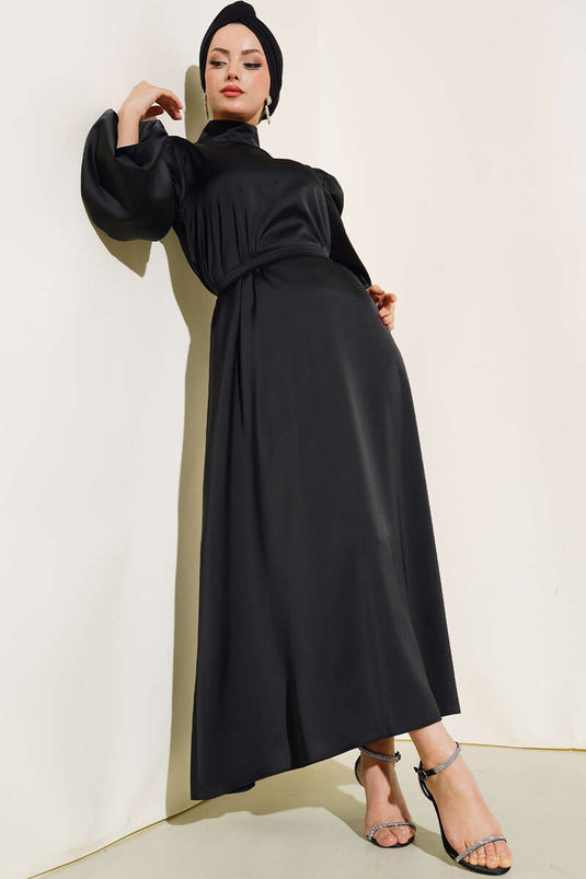 Robe De Soirée En Satin À Manches Ballon Noir