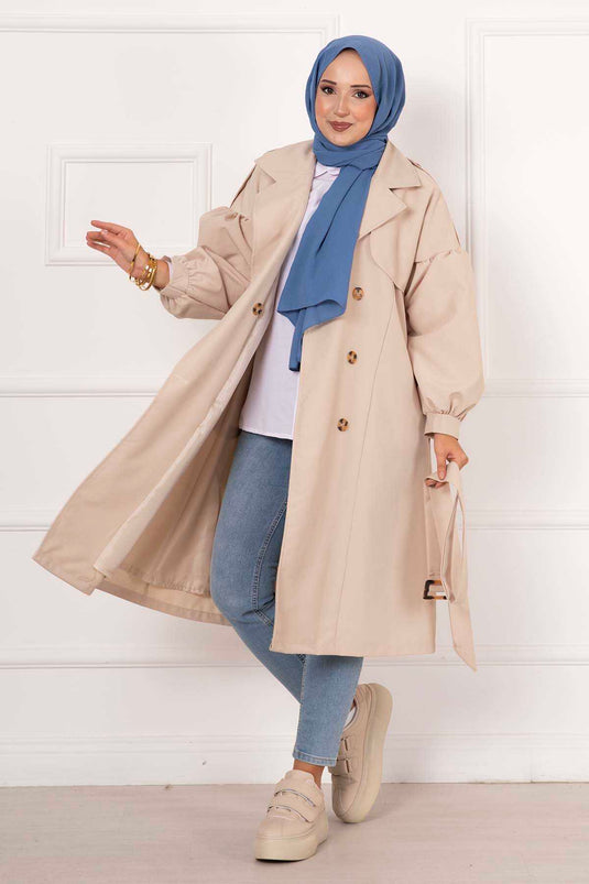 Trench imperméable à ceinture mobile avec manches ballon Beige