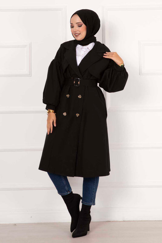 Wasserdichter Trenchcoat mit Ballonärmeln und Gürtel in Schwarz