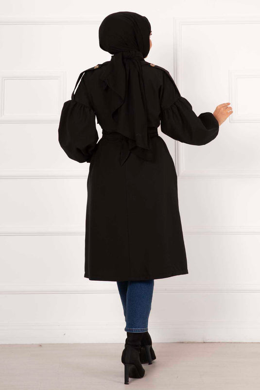 Wasserdichter Trenchcoat mit Ballonärmeln und Gürtel in Schwarz