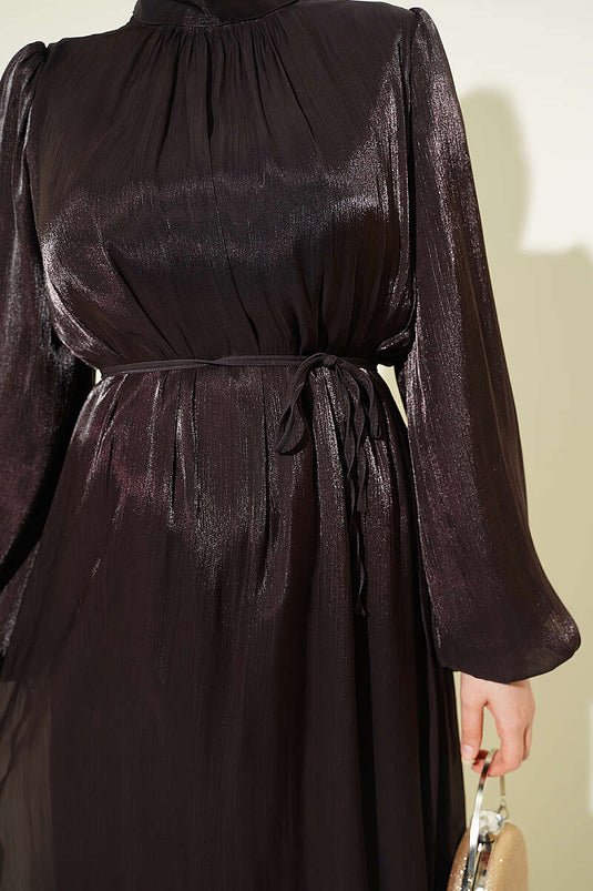 Robe de soirée en chiffon à manches ballon couleur café