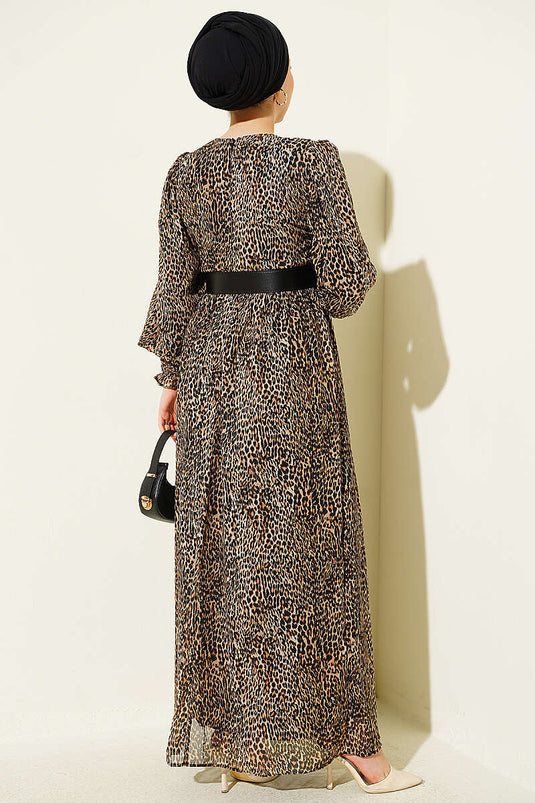 Leopard Chiffon Kleid Mit Ballonärmeln