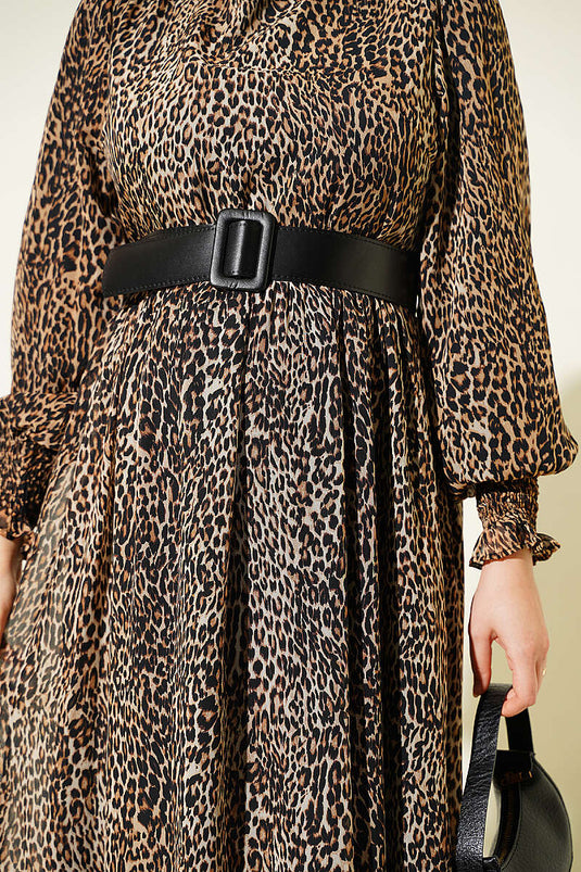 Leopard Chiffon Kleid Mit Ballonärmeln
