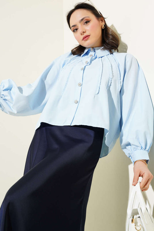 Balloon Sleeve Buttoned Short Shirt Baby Blue