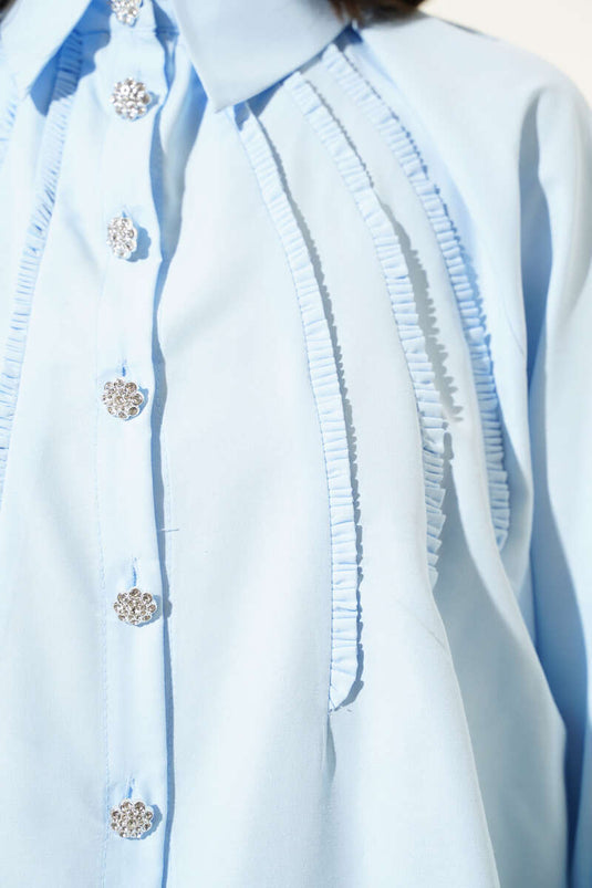 Balloon Sleeve Buttoned Short Shirt Baby Blue