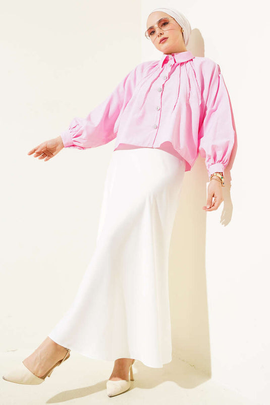 Balloon Sleeve Buttoned Short Shirt Pink