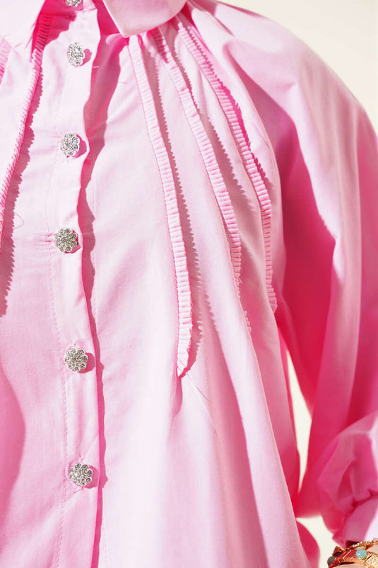 Balloon Sleeve Buttoned Short Shirt Pink