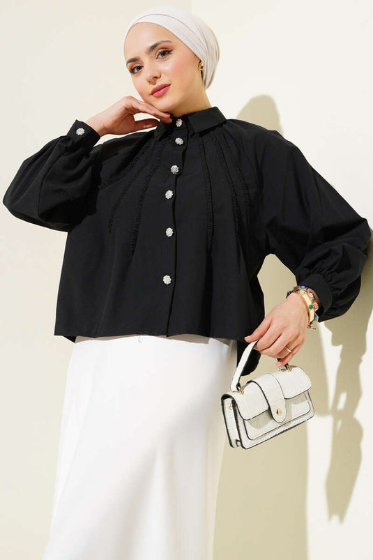 Balloon Sleeve Buttoned Short Shirt Black