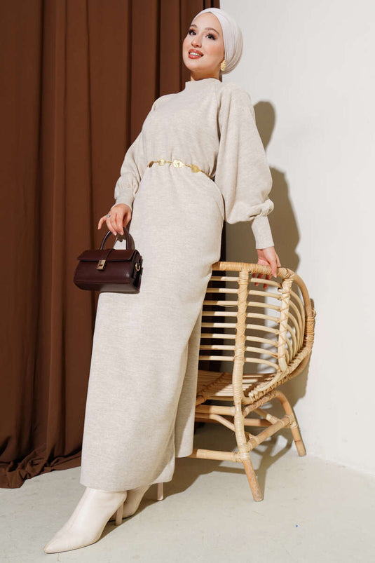 Robe en maille à manches ballon beige