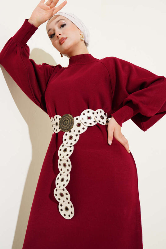 Robe En Maille Bordeaux À Manches Ballon