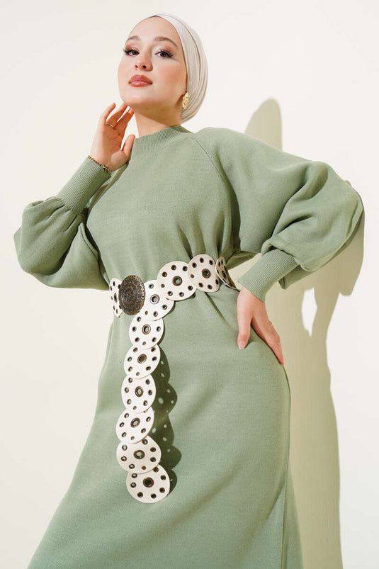 Robe En Maille À Manches Ballon Vert Menthe
