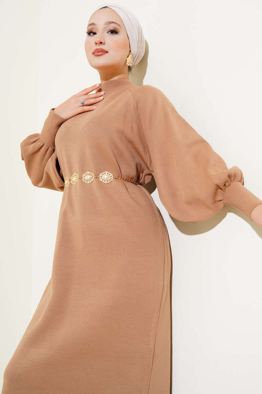 Robe en maille à manches ballon Camel