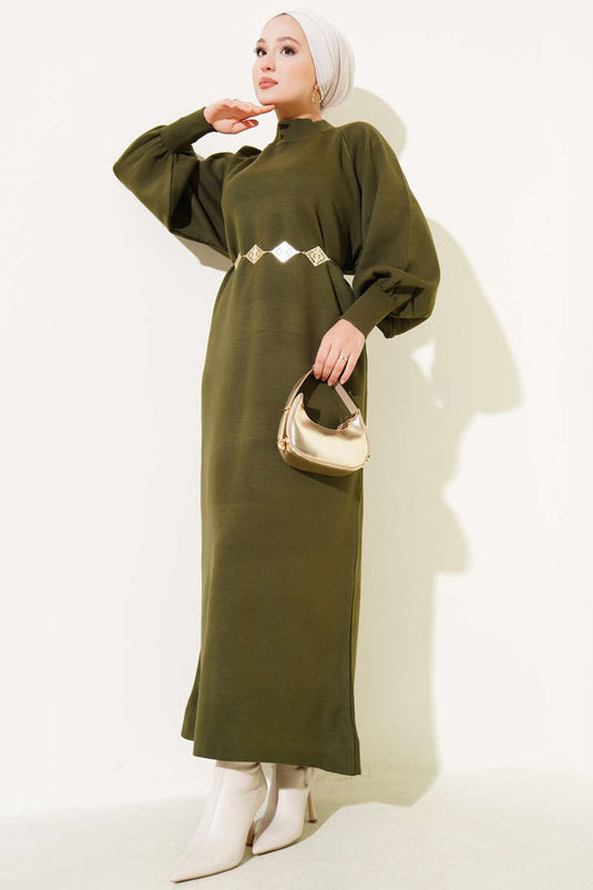 Haki Strickkleid Mit Ballonärmeln