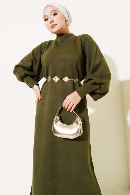 Haki Strickkleid Mit Ballonärmeln