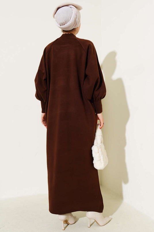 Robe En Maille Marron À Manches Ballon