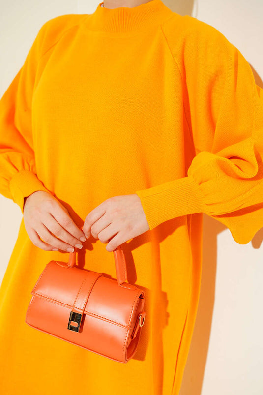 Balon Kol Triko Elbise Kehribar