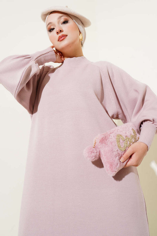Robe En Maille Rose À Manches Ballon