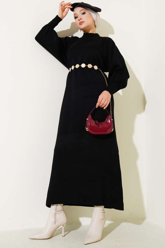 Balon Kol Triko Elbise Siyah