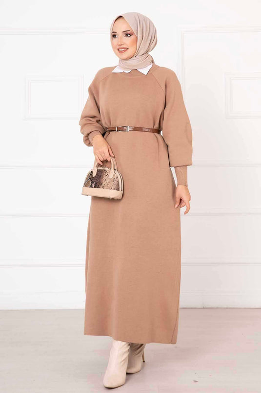 Balloon Sleeve Knit Dress Beige