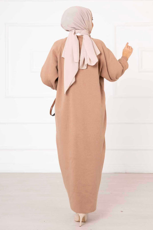 Balloon Sleeve Knit Dress Beige