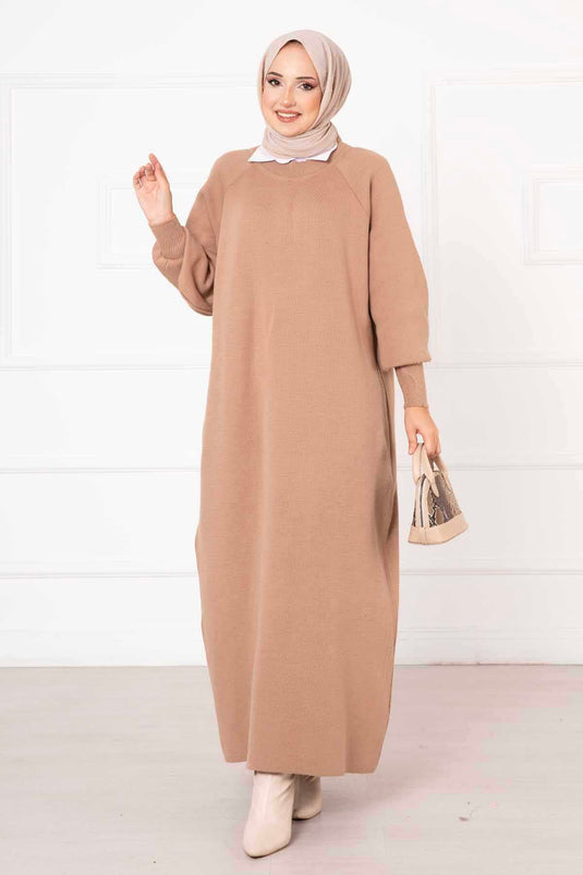 Balloon Sleeve Knit Dress Beige