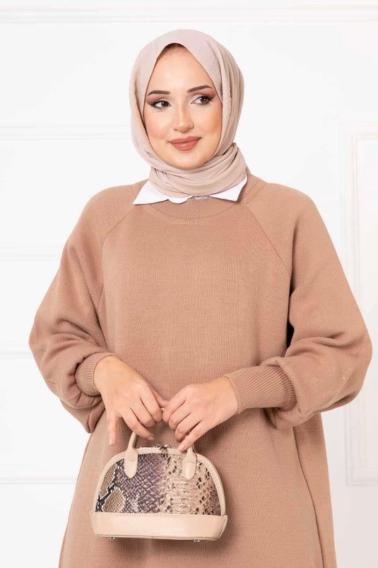 Balloon Sleeve Knit Dress Beige