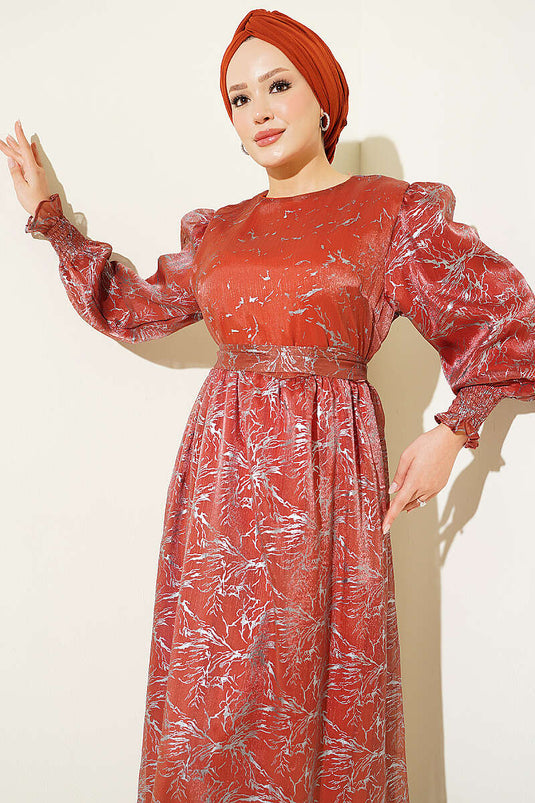 Robe De Soirée À Manches Ballon Et Embellissements Couleur Terre Cuite