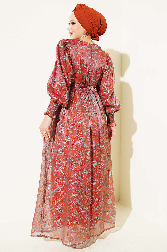 Robe De Soirée À Manches Ballon Et Embellissements Couleur Terre Cuite