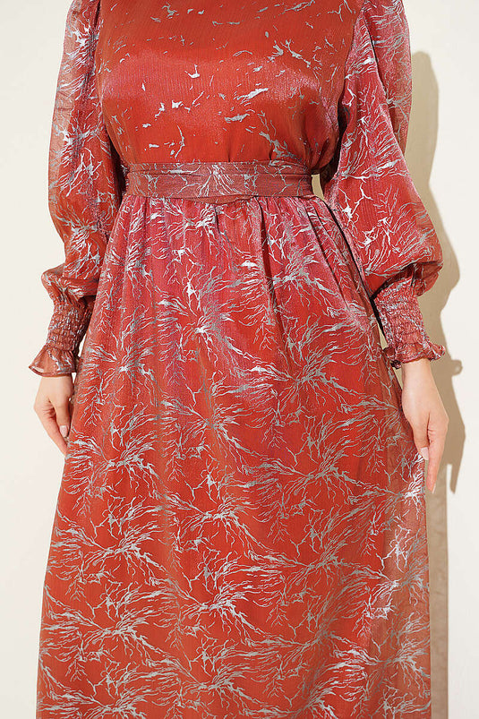 Robe De Soirée À Manches Ballon Et Embellissements Couleur Terre Cuite